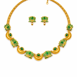 Green Lotus Motif Antique Gold Necklace Set
