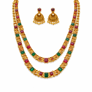 Traditional Ruby & Emerald Stone Double Layer Temple Necklace Set