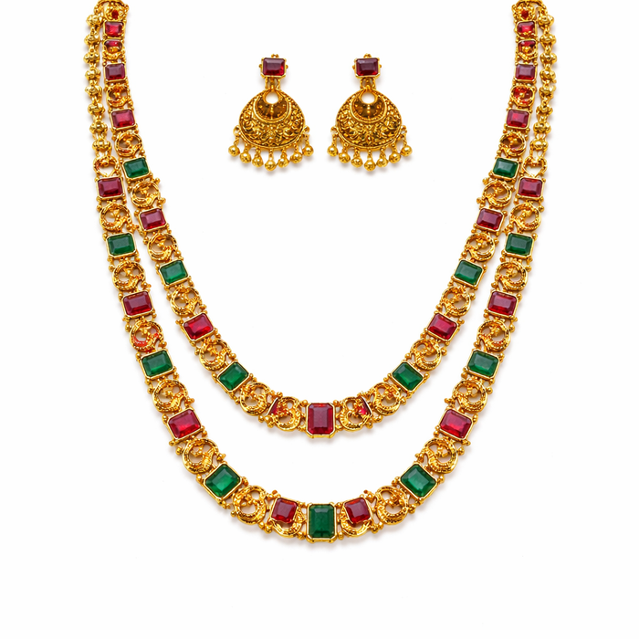 Traditional Ruby & Emerald Stone Double Layer Temple Necklace Set