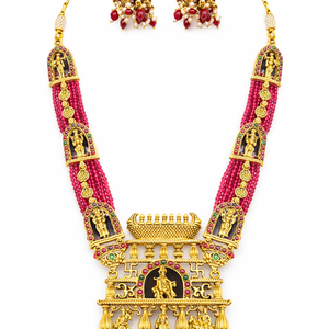 Premium Temple Jewellery Haram with Ruby Beads & Jhumka Earrings