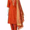 Rust Orange Embroidered Kurta Set with Pant & Jacquard Dupatta – Festive Ethnic Wear for Women