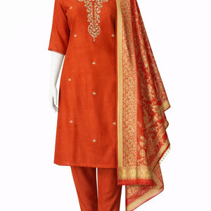 Rust Orange Embroidered Kurta Set with Pant & Jacquard Dupatta – Festive Ethnic Wear for Women