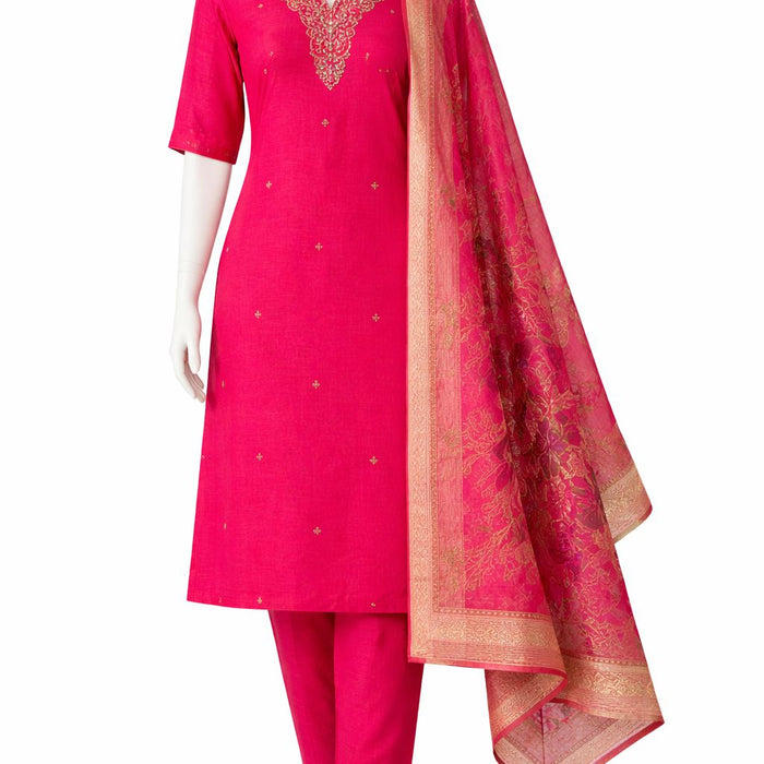 Hot Pink Embroidered Kurta Set with Pant & Designer Dupatta – Festive Ethnic Wear for Women