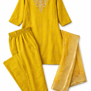 Mustard Yellow Embroidered Kurta Set with Pants & Dupatta – Festive Ethnic Wear for Women