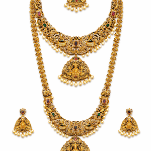 Grand Lakshmi Temple Bridal Necklace Set with Long Haram & Pearl Drops
