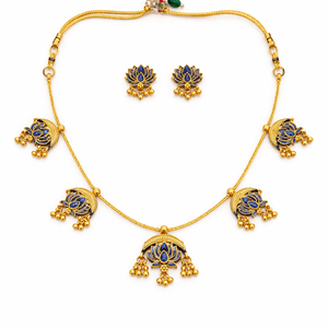 Blue Lotus Charm Temple Necklace Set with Matching Earrings