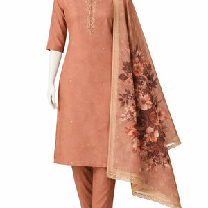 Dusty Peach Kurta Set with Pant & Floral Printed Dupatta – Elegant Ethnic Wear for Women
