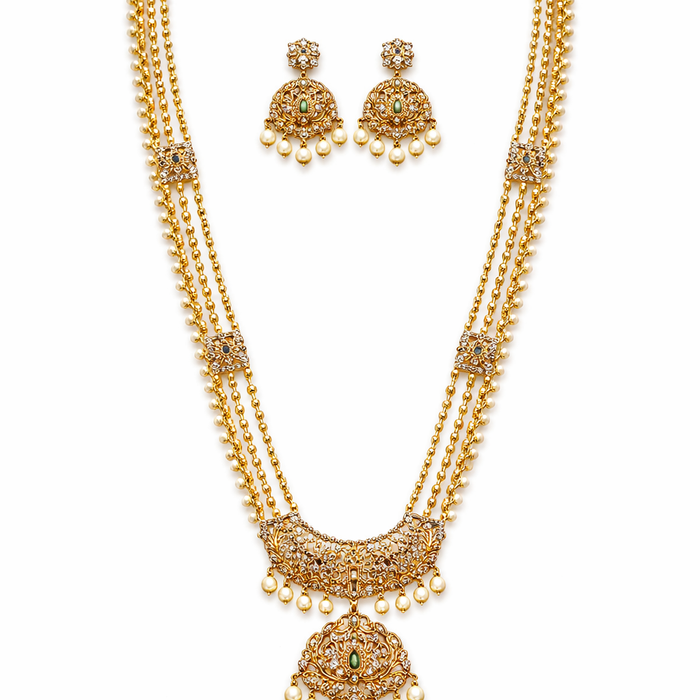 Elegant Pearl Drop Long Haram Necklace Set with Chandbali Earrings