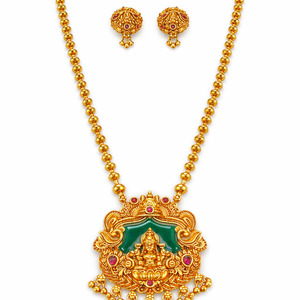 Lakshmi Temple Pendant Necklace with Green Stone