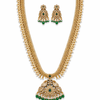 Elegant Green Stone Temple Long Haram Necklace Set with Chandbali Earrings