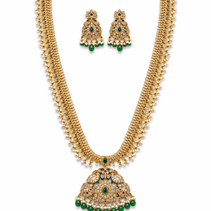 Elegant Green Stone Temple Long Haram Necklace Set with Chandbali Earrings