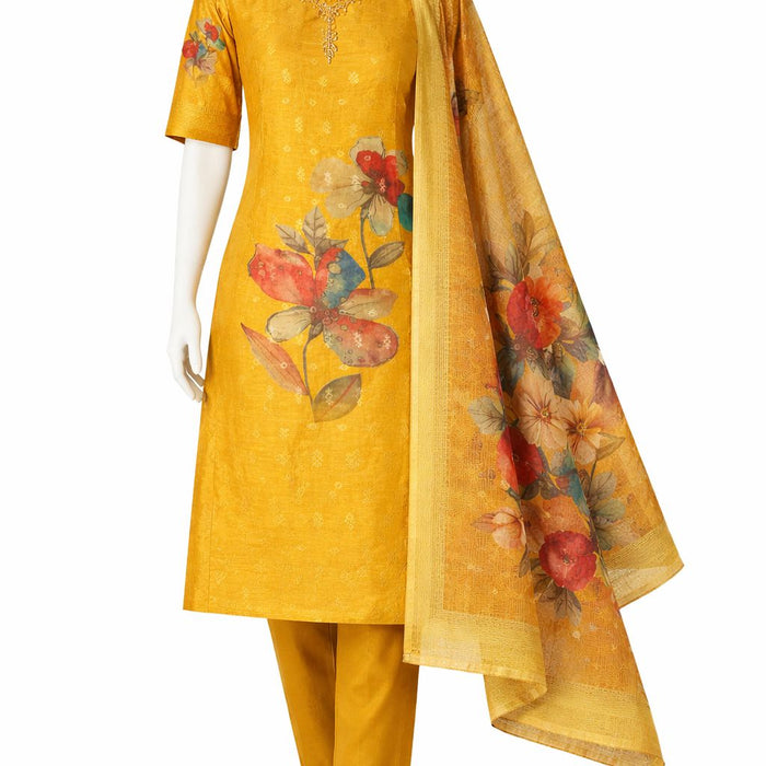 Mustard Yellow Floral Kurta Set with Pant & Printed Dupatta – Festive Ethnic Wear for Women