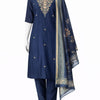 Navy Blue Embroidered Kurta Set with Pant & Dupatta – Elegant Ethnic Wear for Women