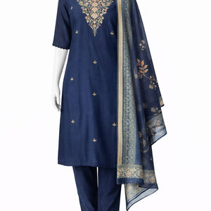 Navy Blue Embroidered Kurta Set with Pant & Dupatta – Elegant Ethnic Wear for Women