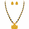 Lakshmi Pendant Black Bead Temple Necklace with Lakshmi Stud Earrings