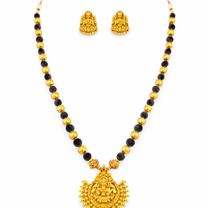 Lakshmi Pendant Black Bead Temple Necklace with Lakshmi Stud Earrings