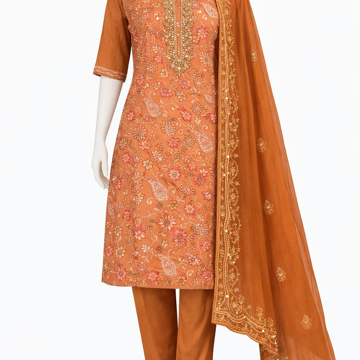 Peach Embroidered Kurta Set with Pant & Designer Dupatta – Festive Ethnic Wear for Women