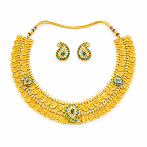 Traditional Lakshmi Coin Temple Necklace with Paisley Pendant & Stud Earrings